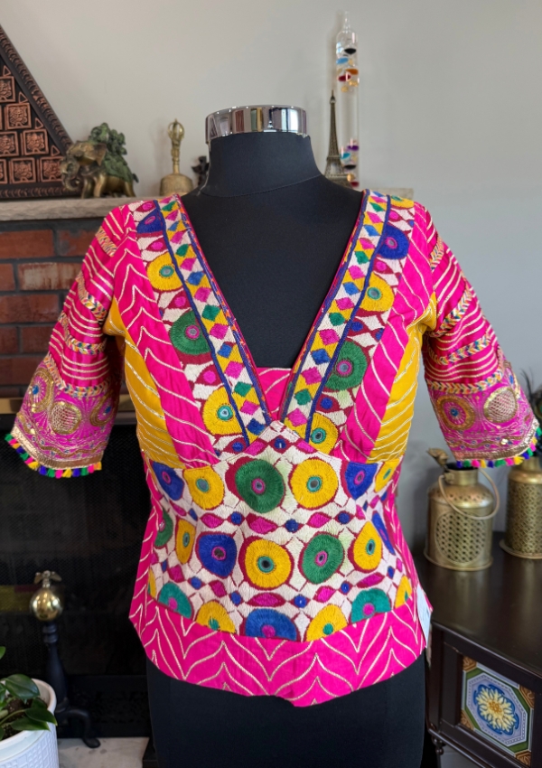 Yellow Pink Gota Kutchi Kedia Blouse